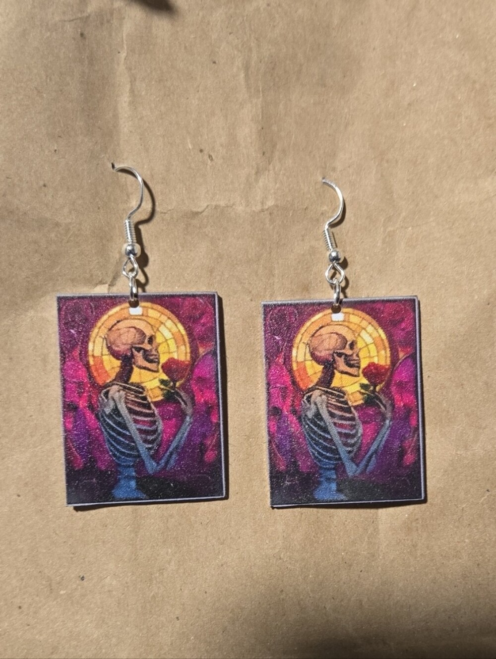 Purple & Gold Skeleton And Rose Portrait Drop Earrings